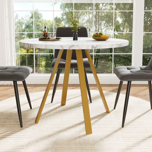 Table à Manger80x80x75 Cm, Table Ronde, Motif De Marbre, Pieds En Fer, Mdf+métal, Blanc+doré