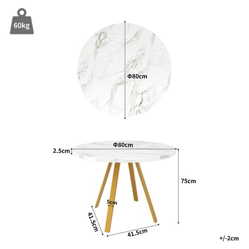 Table à Manger80x80x75 Cm, Table Ronde, Motif De Marbre, Pieds En Fer, Mdf+métal, Blanc+doré