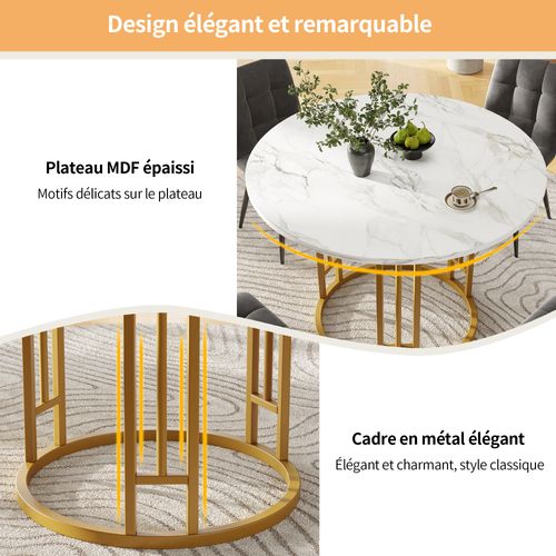 Table à Manger80x80x76 Cm, Table Ronde, Motif De Marbre, Cadre En Metal, Mdf, Blanc, Doré