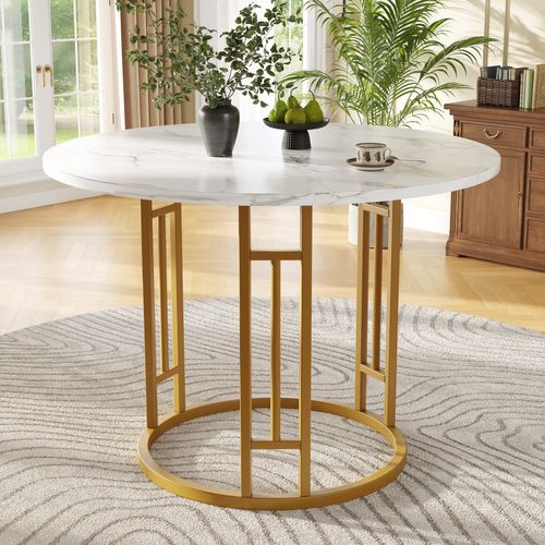 Table à Manger80x80x76 Cm, Table Ronde, Motif De Marbre, Cadre En Metal, Mdf, Blanc, Doré