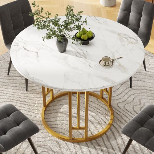 Table à Manger80x80x76 Cm, Table Ronde, Motif De Marbre, Cadre En Metal, Mdf, Blanc, Doré