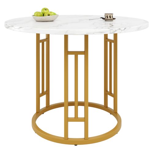 Table à Manger80x80x76 Cm, Table Ronde, Motif De Marbre, Cadre En Metal, Mdf, Blanc, Doré