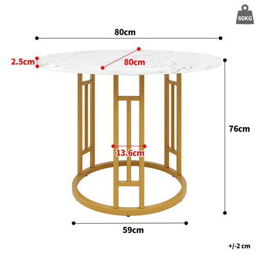 Table à Manger80x80x76 Cm, Table Ronde, Motif De Marbre, Cadre En Metal, Mdf, Blanc, Doré
