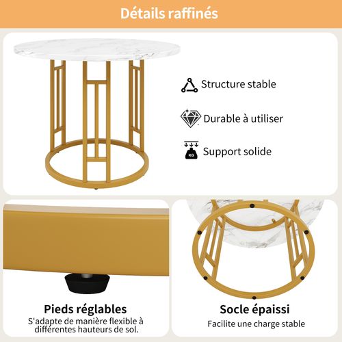 Table à Manger80x80x76 Cm, Table Ronde, Motif De Marbre, Cadre En Metal, Mdf, Blanc, Doré