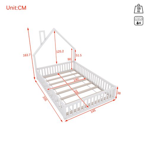 Lit cabane Avec Barrières, 200x140cm, Lit Enfant Avec Sommier à lattes, Pin Et Mdf, blanc