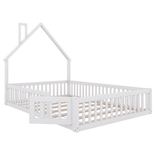 Lit cabane Avec Barrières, 200x140cm, Lit Enfant Avec Sommier à lattes, Pin Et Mdf, blanc