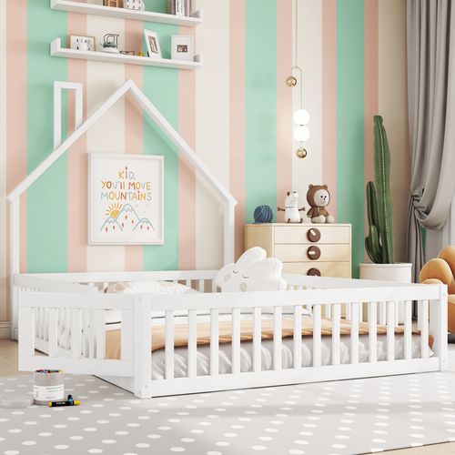 Lit cabane Avec Barrières, 200x140cm, Lit Enfant Avec Sommier à lattes, Pin Et Mdf, blanc