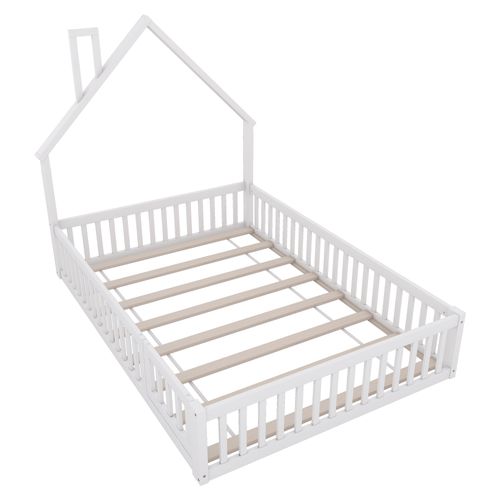 Lit cabane Avec Barrières, 200x140cm, Lit Enfant Avec Sommier à lattes, Pin Et Mdf, blanc