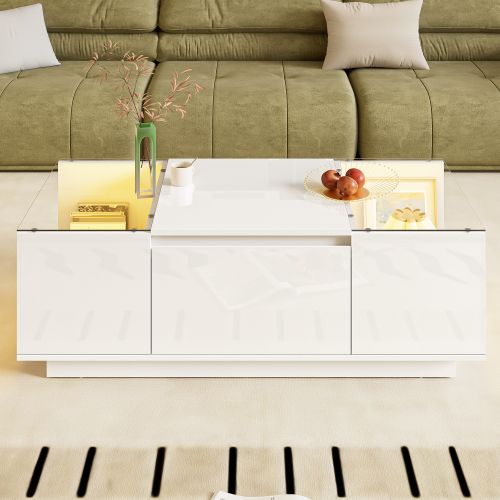 Table Basse Rectangulaire Blanche Avec Éclairage LED, Plateau En Verre Et 2 Tiroirs