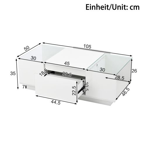 Table Basse Rectangulaire Blanche Avec Éclairage LED, Plateau En Verre Et 2 Tiroirs