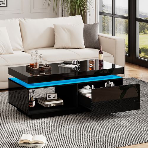 Table Basse 100x50x40 Cm, LED, 1 Tiroir, Table Rectangulaire, Moderne, Aggloméré, Noir