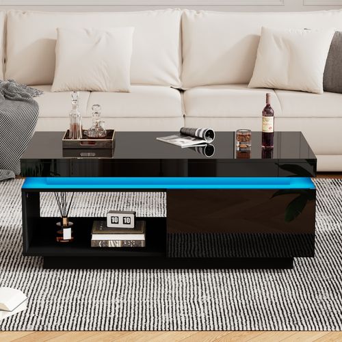 Table Basse 100x50x40 Cm, LED, 1 Tiroir, Table Rectangulaire, Moderne, Aggloméré, Noir