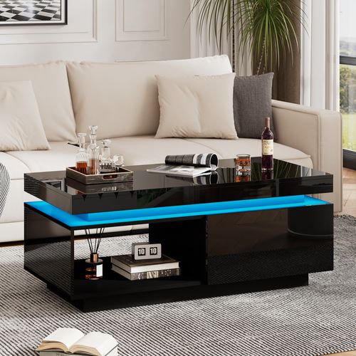 Table Basse 100x50x40 Cm, LED, 1 Tiroir, Table Rectangulaire, Moderne, Aggloméré, Noir