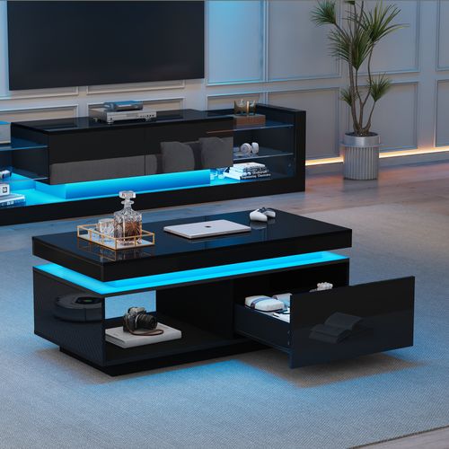 Table Basse 100x50x40 Cm, LED, 1 Tiroir, Table Rectangulaire, Moderne, Aggloméré, Noir