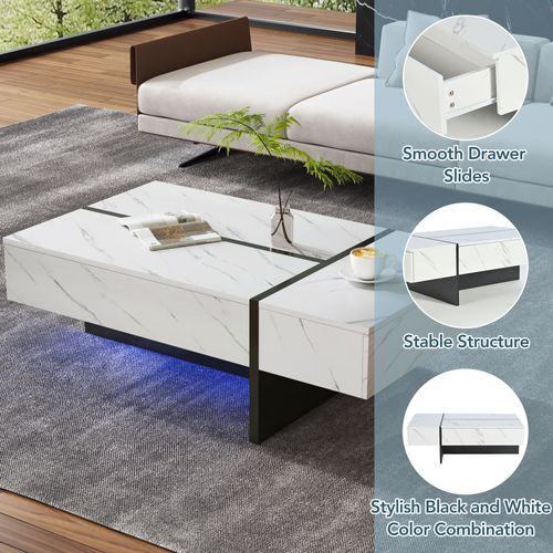 Table Basse LED 16 S, 3 Tiroirs, Surface Brillante, Style Moderne, Blanc