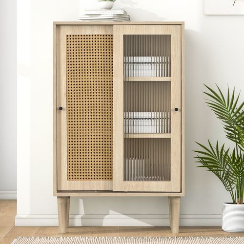 Buffet Haut Cuisine Portes Rotin Plastique Et Verre Coulissant, Mdf, 60x40x100 Cm, Naturel
