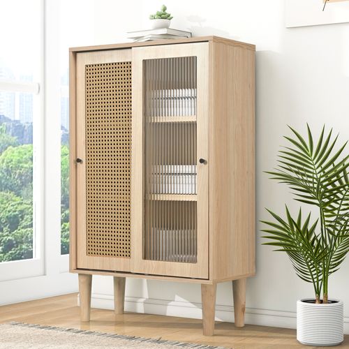 Buffet Haut Cuisine Portes Rotin Plastique Et Verre Coulissant, Mdf, 60x40x100 Cm, Naturel