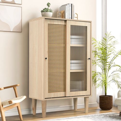 Buffet Haut Cuisine Portes Rotin Plastique Et Verre Coulissant, Mdf, 60x40x100 Cm, Naturel