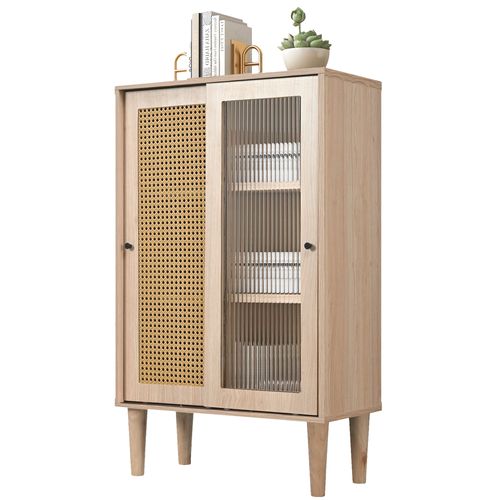 Buffet Haut Cuisine Portes Rotin Plastique Et Verre Coulissant, Mdf, 60x40x100 Cm, Naturel