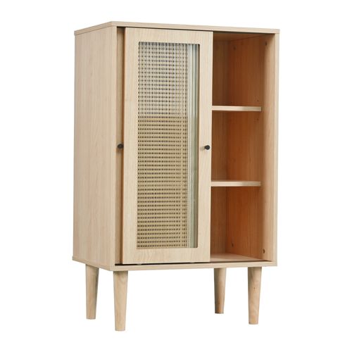 Buffet Haut Cuisine Portes Rotin Plastique Et Verre Coulissant, Mdf, 60x40x100 Cm, Naturel