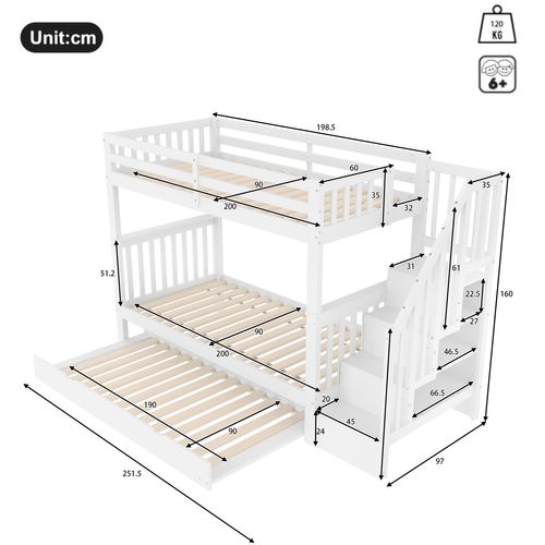 Lit Superposé 90x200 Cm Avec Lit Gigogne, Rangement, Escalier De Sécurité, Sommiers, Bois Blanc