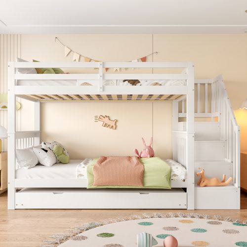Lit Superposé 90x200 Cm Avec Lit Gigogne, Rangement, Escalier De Sécurité, Sommiers, Bois Blanc