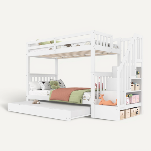 Lit Superposé 90x200 Cm Avec Lit Gigogne, Rangement, Escalier De Sécurité, Sommiers, Bois Blanc