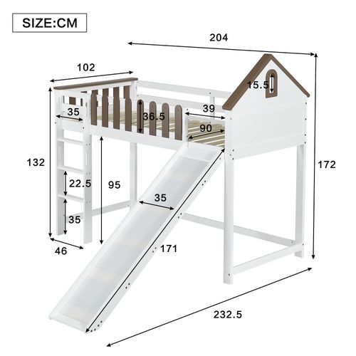 Lit Mezzanine Enfant 90x200 Cm Blanc Et Bois Avec Toît, Fenêtres, Échelle Et Toboggan, En Bois