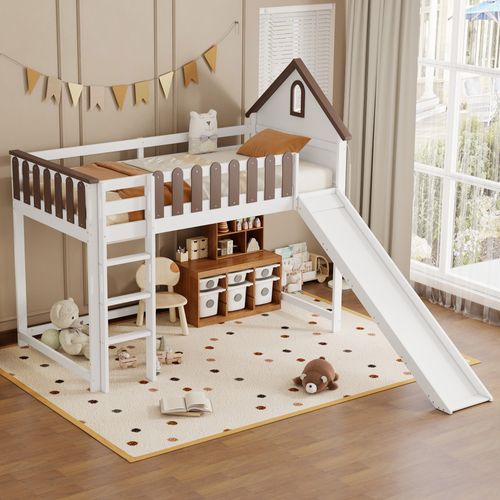 Lit Mezzanine Enfant 90x200 Cm Blanc Et Bois Avec Toît, Fenêtres, Échelle Et Toboggan, En Bois