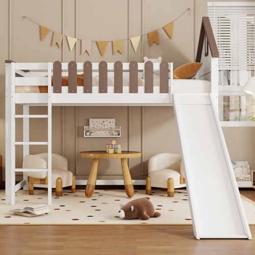 Lit Mezzanine Enfant 90x200 Cm Blanc Et Bois Avec Toît, Fenêtres, Échelle Et Toboggan, En Bois
