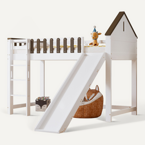 Lit Mezzanine Enfant 90x200 Cm Blanc Et Bois Avec Toît, Fenêtres, Échelle Et Toboggan, En Bois