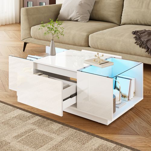 Table Basse105x50x35cm, Table Rectangulaire, 2 Tiroirs, Moderne, LED, Verre, Aggloméré, Blanc