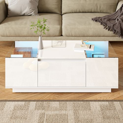 Table Basse105x50x35cm, Table Rectangulaire, 2 Tiroirs, Moderne, LED, Verre, Aggloméré, Blanc