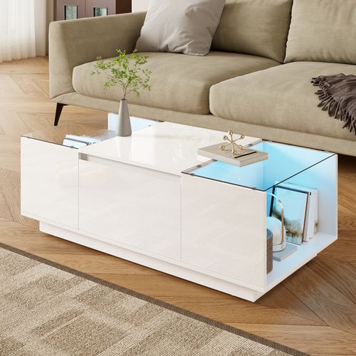 Table Basse105x50x35cm, Table Rectangulaire, 2 Tiroirs, Moderne, LED, Verre, Aggloméré, Blanc