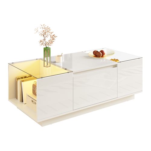 Table Basse105x50x35cm, Table Rectangulaire, 2 Tiroirs, Moderne, LED, Verre, Aggloméré, Blanc