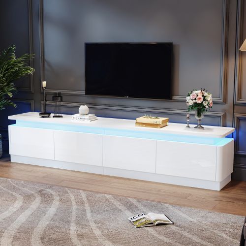 Meuble TV 180 Cm Avec 4 Tiroirs, Meuble TV Blanc Avec LED, Haute Brillance