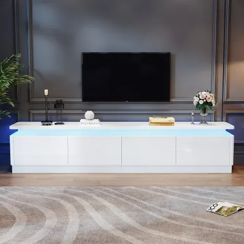 Meuble TV 180 Cm Avec 4 Tiroirs, Meuble TV Blanc Avec LED, Haute Brillance