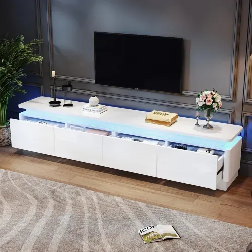 Meuble TV 180 Cm Avec 4 Tiroirs, Meuble TV Blanc Avec LED, Haute Brillance