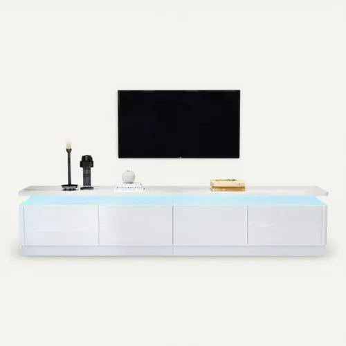 Meuble TV 180 Cm Avec 4 Tiroirs, Meuble TV Blanc Avec LED, Haute Brillance