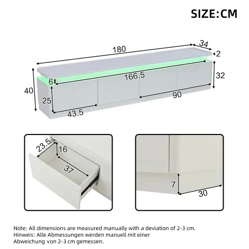 Meuble TV 180 Cm Avec 4 Tiroirs, Meuble TV Blanc Avec LED, Haute Brillance