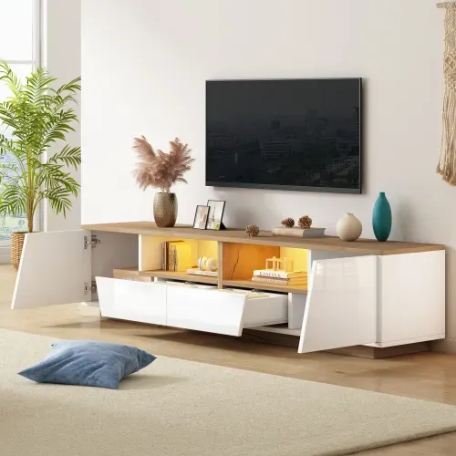 Meuble TV 180 Cm, Meuble TV Blanc Brillant Et Bois Avec 2 Tiroirs Et 2 Portes, Avec LED