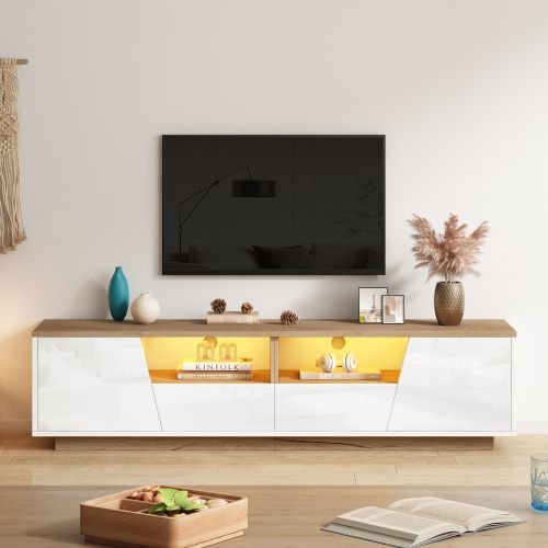 Meuble TV 180 Cm, Meuble TV Blanc Brillant Et Bois Avec 2 Tiroirs Et 2 Portes, Avec LED