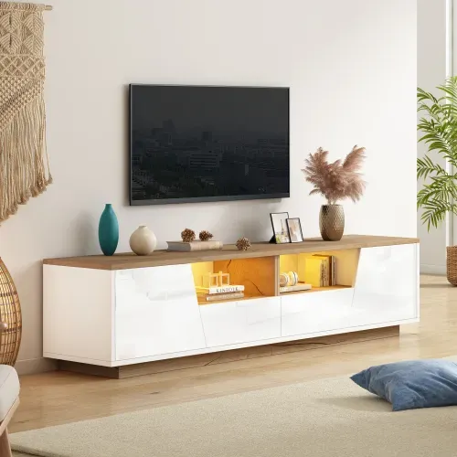 Meuble TV 180 Cm, Meuble TV Blanc Brillant Et Bois Avec 2 Tiroirs Et 2 Portes, Avec LED