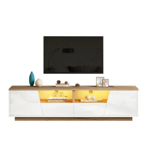Meuble TV 180 Cm, Meuble TV Blanc Brillant Et Bois Avec 2 Tiroirs Et 2 Portes, Avec LED