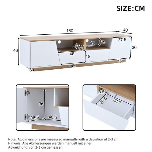 Meuble TV 180 Cm, Meuble TV Blanc Brillant Et Bois Avec 2 Tiroirs Et 2 Portes, Avec LED