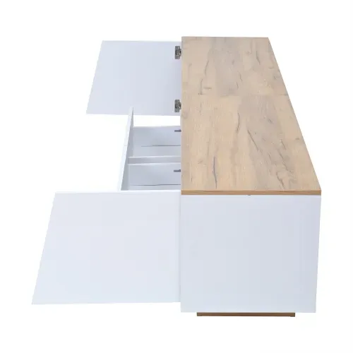 Meuble TV 180 Cm, Meuble TV Blanc Brillant Et Bois Avec 2 Tiroirs Et 2 Portes, Avec LED
