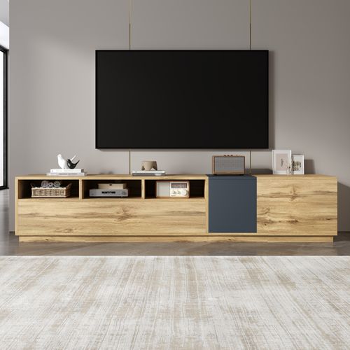 Meuble TV 200x45x45cm, 3 Portes, 3 Compartiments Ouverts Avec Passe-câbles, Coloris Bois Naturel