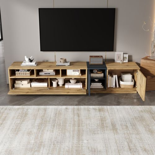 Meuble TV 200x45x45cm, 3 Portes, 3 Compartiments Ouverts Avec Passe-câbles, Coloris Bois Naturel