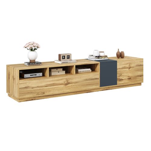 Meuble TV 200x45x45cm, 3 Portes, 3 Compartiments Ouverts Avec Passe-câbles, Coloris Bois Naturel