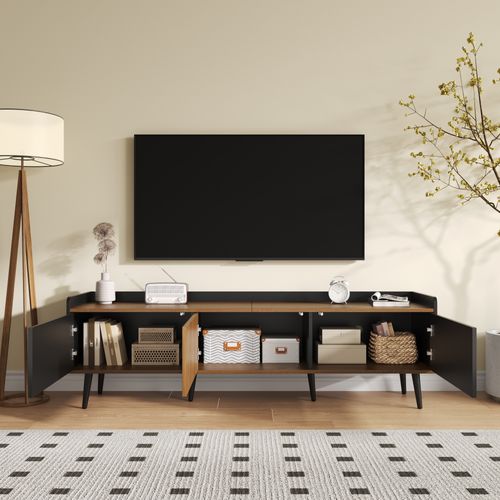 Meuble TV 160x39x49,5cm, 3 Portes, Mdf+panneaux De Particules, Pieds En Bois Massif, Bois Et Noir